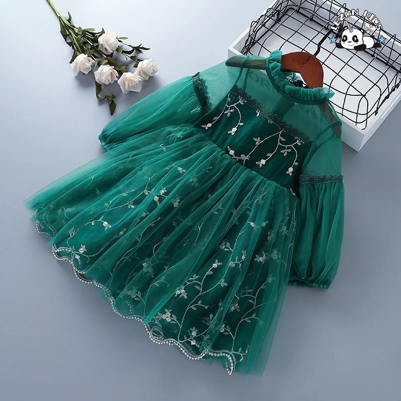 LEZONKIDS - Spring and Autumn New Children's Dress Lace Tulle Embroidery Girl's Puff Sleeve Dress